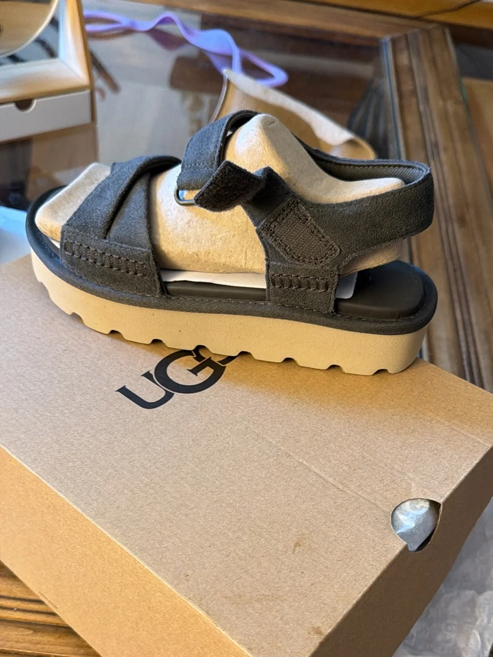 UGG Dark Olive Suede Platform Sandals with Tan Sole